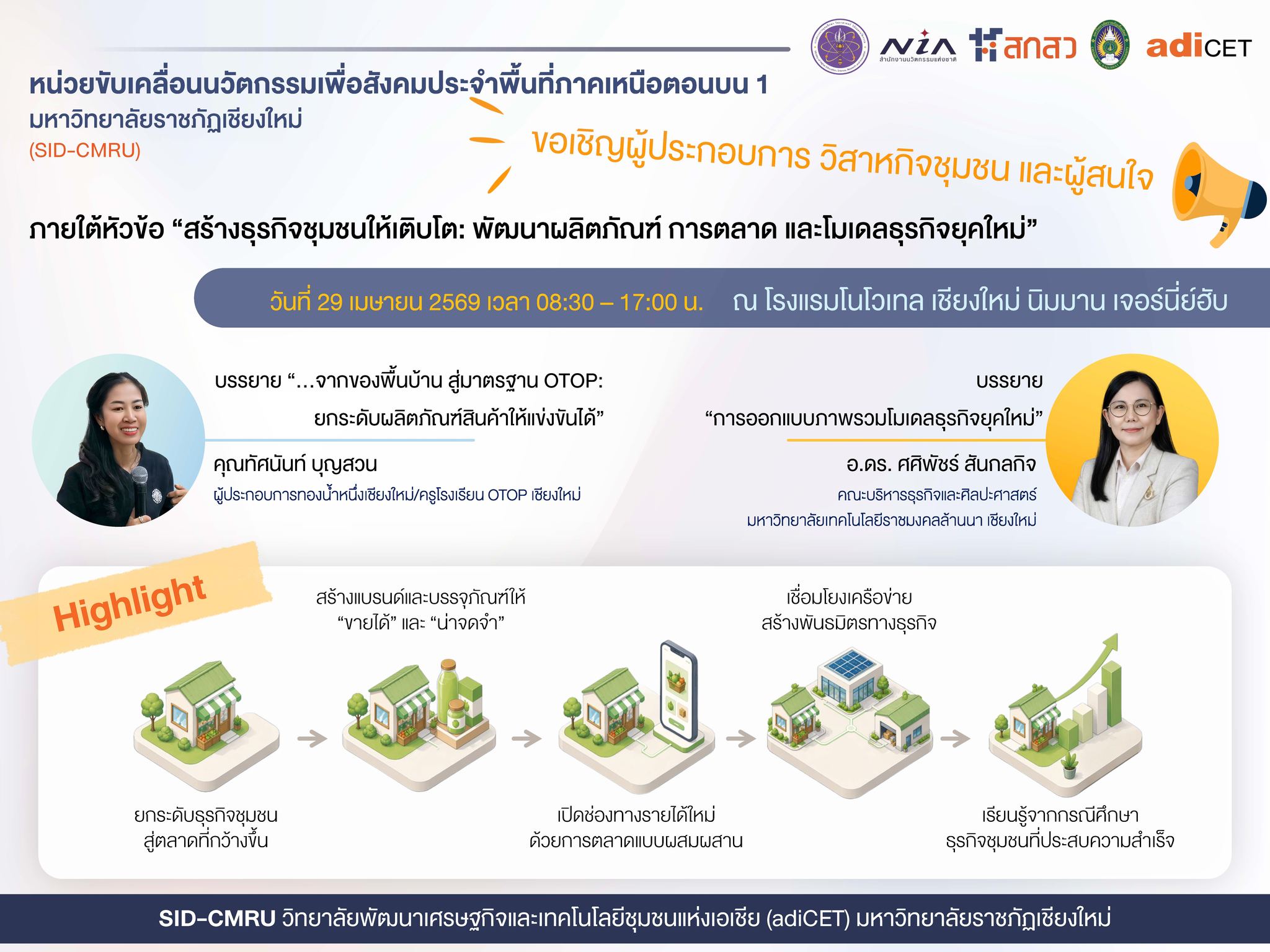 SID-CMRU ชวนอบรม “สร้างธุรกิจชุมชนให้เติบโต” ติดอาวุธการตลาดและโมเดลธุรกิจยุคใหม่ ยกระดับวิสาหกิจชุมชน